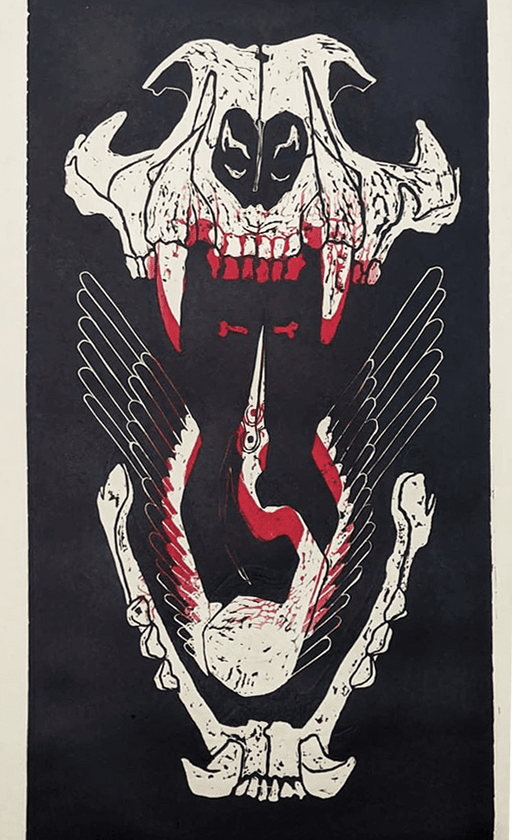 Lino print, "The Wolf and the Crane" from Aesop's Fables