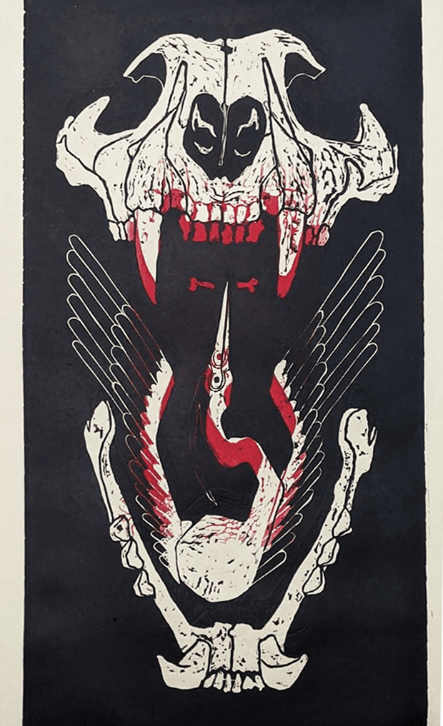 Lino print based on Aesop's fable, "The Wolf and the Crane"